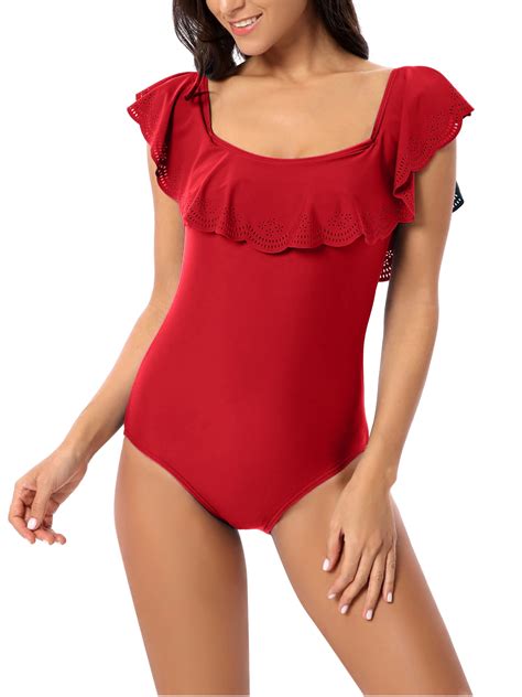 Csndyce Women's Ruffled One Piece Swimsuits off Shoulder Tummy Control