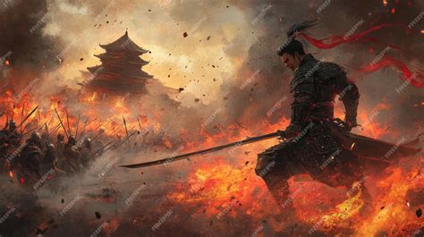 Samurai Warrior Amidst Burning Temple and Battlefield | Premium AI ...