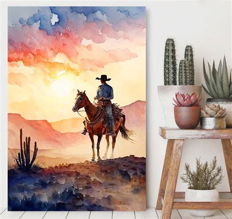 Cowboy Sunset Art Print Americana Watercolor Painting Rodeo - Etsy