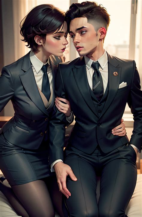 2 femboy, bulge, crossdressing, short hair, brunette, skirt suit