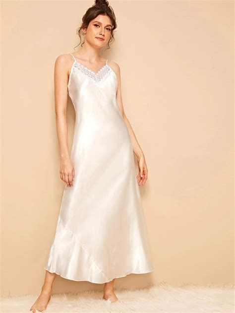 crochet trim satin cami dress shein usa women long gown night gown