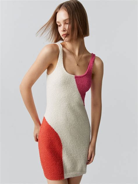Three Tone Knit Mini Dress - Cream - Pomelo Fashion