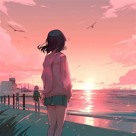 Premium Photo | Anime girl standing on the beach looking at the sunset ...