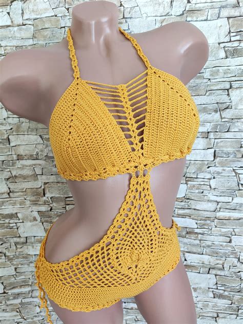 Crochet one piece swimsuit Bohemian swimwear Yellow bodysuit | Etsy