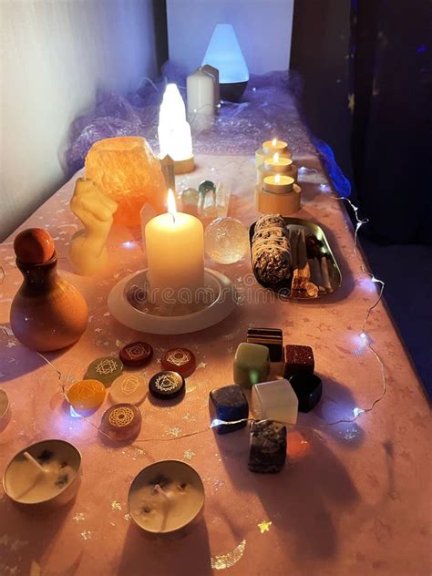 Background Ritual Healing, Crystals, Stones, Candles. Stock Photo ...