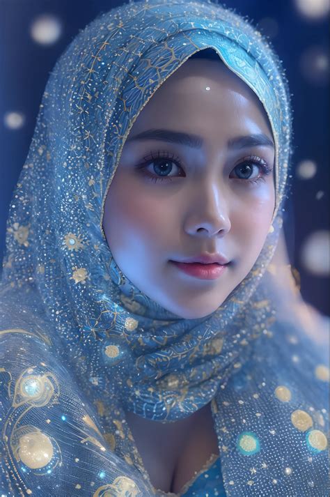 A close up of a woman wearing a blue hijab and a blue dress - SeaArt AI
