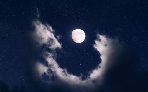 Full moon Wallpaper 4K, Clouds, Night, Starry sky