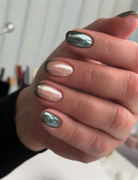 Shimmer olive chrome nails and neutral French for stylish fall chrome