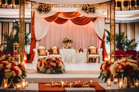 Premium Photo | A wedding ceremony with a red curtain and flowers