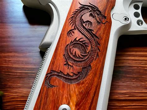 Custom Engraved 1911 Grips, Cocobolo Dragon Engraved | New Pacifica Leather