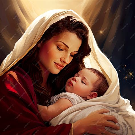 Premium AI Image | Holy Mary smiling and holding hugging her infant ...