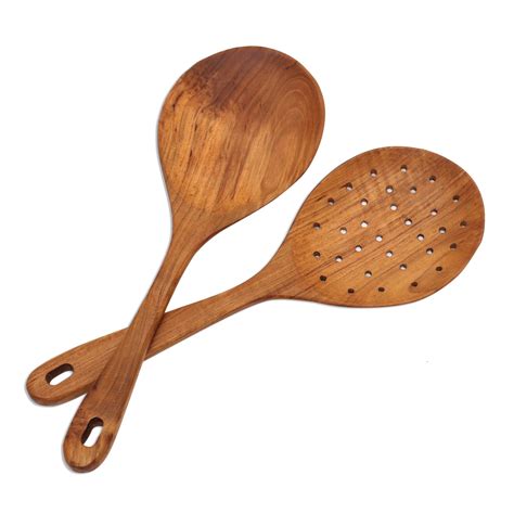 teak wood serving spoons crafted  bali elegant service novica