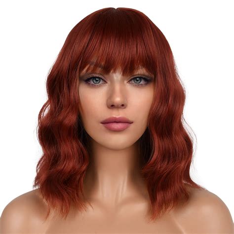 LANCAINI Short Bob Wigs with Bangs for Women Loose Wavy Wig Curly Wavy