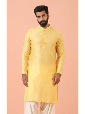 Buy KISAH Mens Yellow Blended Self Design Kurta (38) Online