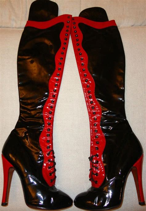 Vintage Fetish CYPRIANA Rare Patent Black/red Lace up Knee High Boots 8