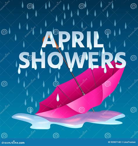 Open Pink Umbrella in Puddles with Rain and Text April Showers Stock