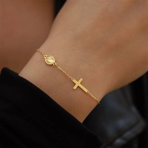 solid gold cross bracelet  women miraculous medal catholic