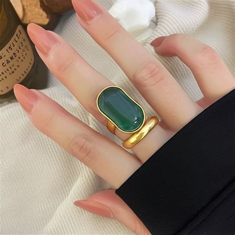 Anel Pedra Verde - Anel Verde Grande de Pedra Retangular Ajustável Moderno - Dame D'Or Shop