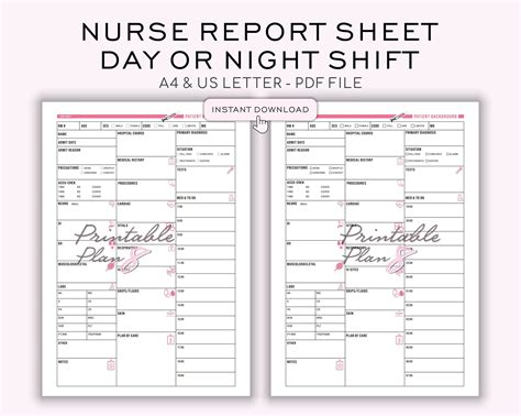 Nurse Report Sheet With Medication, Patient Log, Day/night Shift
