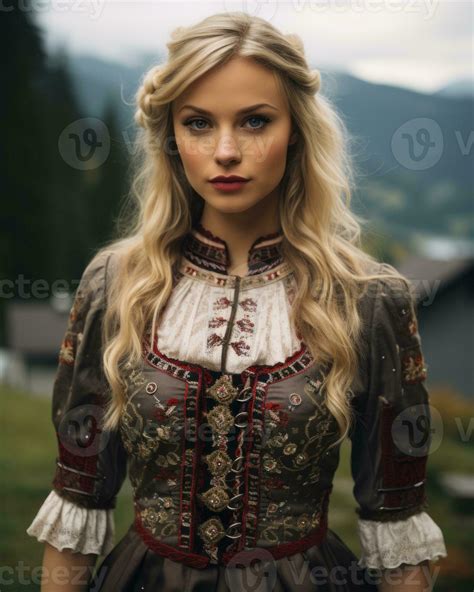 a beautiful blonde woman in a traditional bavarian dress generative ai
