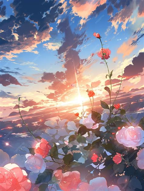 Premium AI Image | Anime landscape with a sunset and flowers
