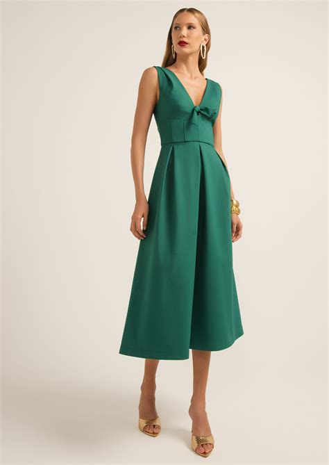 Vestido Em Decote V - Vestido Midi Decote V em Sarja Estruturada Deisy Verde | FastStore PDP