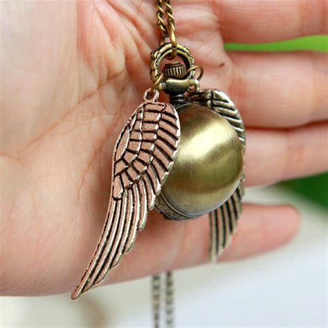 Harry Potter Pocket watch Necklace Steampunk Enchanted Golden Snitch double sided silver wings ...