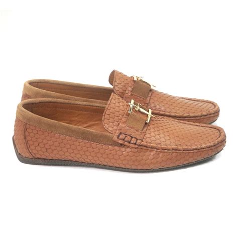 Sigotto Uomo Tan Embossed Snake Print Loafer with Rubber Sole