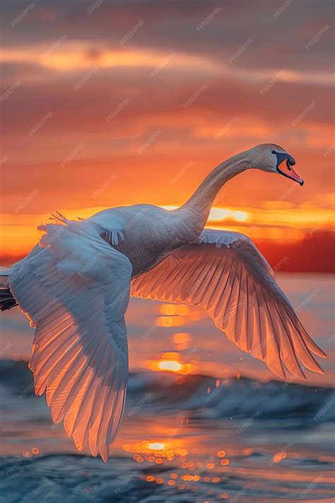 Premium Photo | Majestic swan flying over the lake at sunset