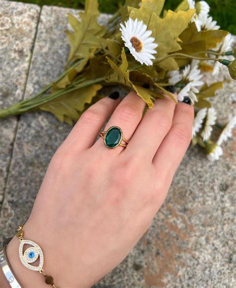 oval cut dark green gemstone ring emerald quartz crystals ring