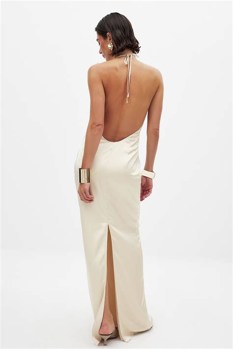 Woven Halterneck Satin Maxi Dress Beige | NA-KD