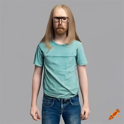 Tall thin gangly man with long blonde dirty hair and jeans with glasses, nerdy 4k photorealistic