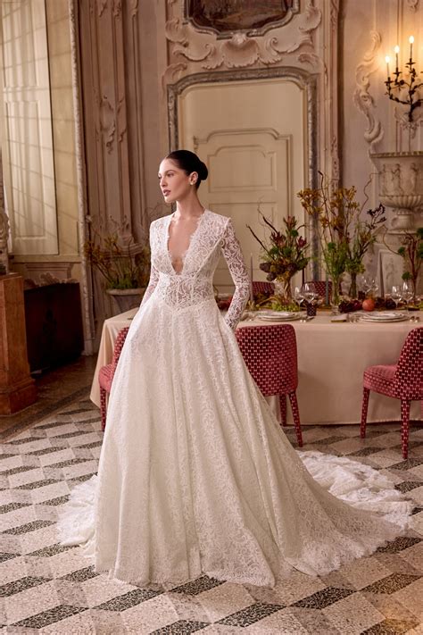 Lady: Allover Lace A-Line Gown with Plunging V-Neckline and Basque