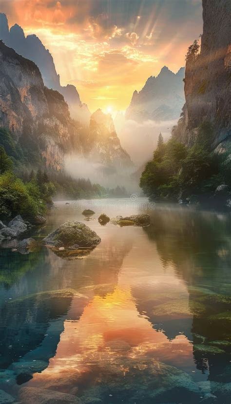 Breathtaking Misty Sunrise Over Serene River Valley with Waterfalls and ...