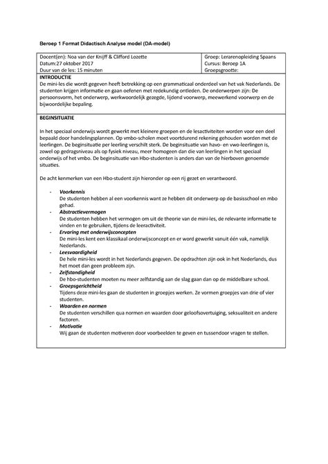 Format Didactisch Analyse model ingevuld - Beroep 1 Format Didactisch