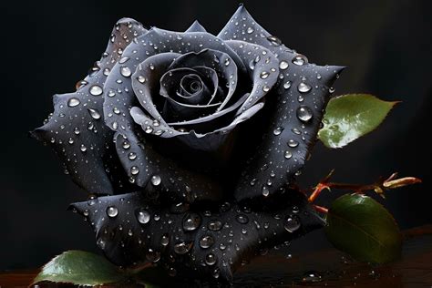 Beautiful black rose with water drops on black background, closeup, A
