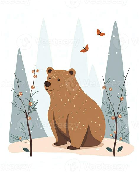 a cartoon bear in the forest with trees and butterflies. Generative AI ...