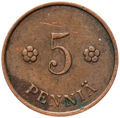 Монета Финляндия 5 пенни (pennia) 1918-1940 стоимостью 124 руб.
