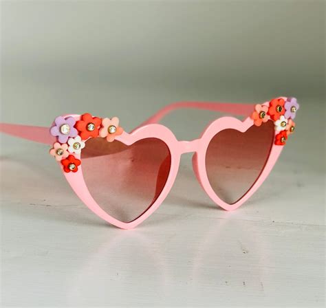 Heart Shaped Pink Sunglasses With Clay Flower and Hearts, Embellished ...