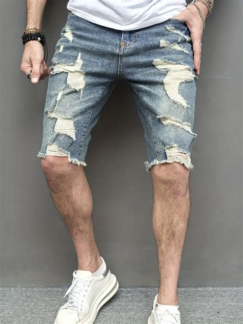 Ripped Design Denim Shorts Men's Casual Street Style High - Temu