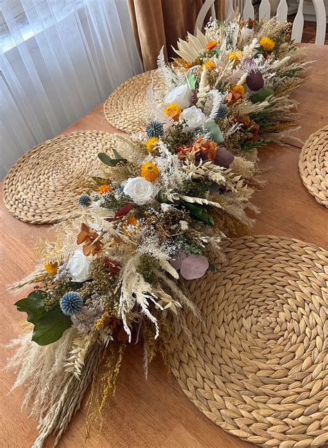 4 Ft Long Dry Flower Arrangement, Summer Wildflowers Table Centerpiece