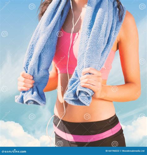 Composite Image of Mid Section of Healthy Woman with Towel Around Neck
