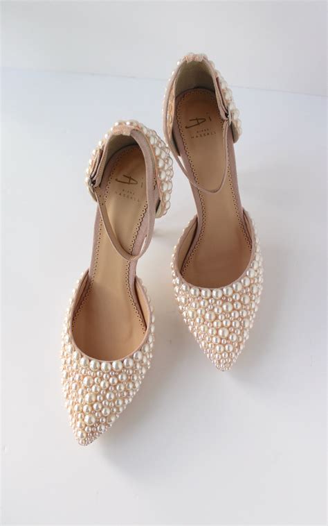 Perilla Pearl Wedding Shoes, Ankle Ties, Pearl Covered, Open Waisted