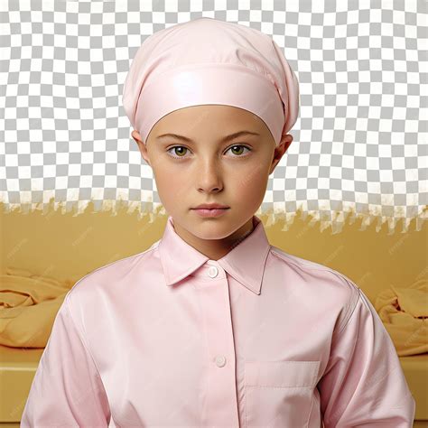 Premium PSD | Serious mongolic preschooler girl in butcher attire poses