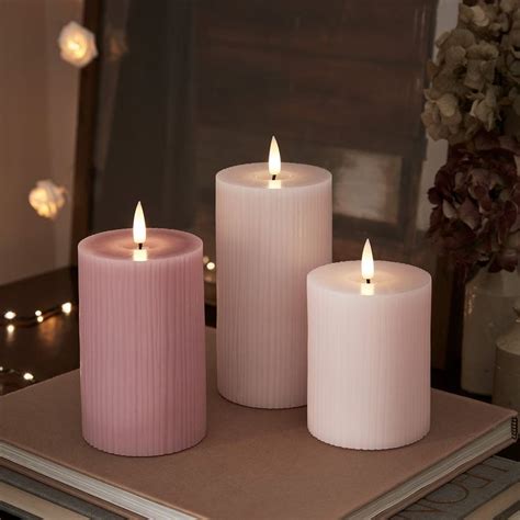 TruGlow® Blush Pink Ribbed LED Pillar Candle Trio | Pink pillar candles ...