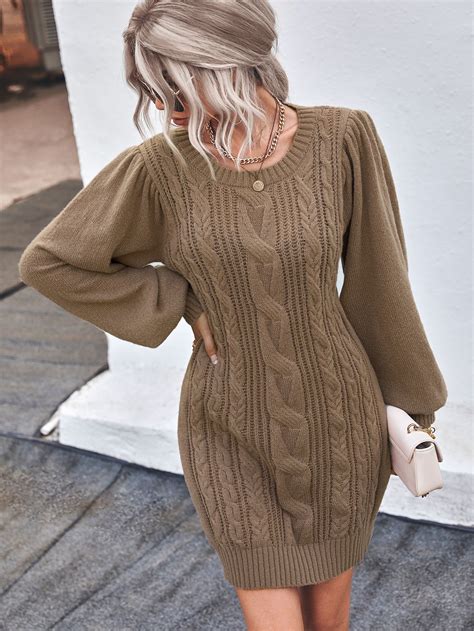 Vestido De Tricô Adulto - Vestido de tricô Manga da lanterna Malha de Cabo Sem cinto | Vestido de ...
