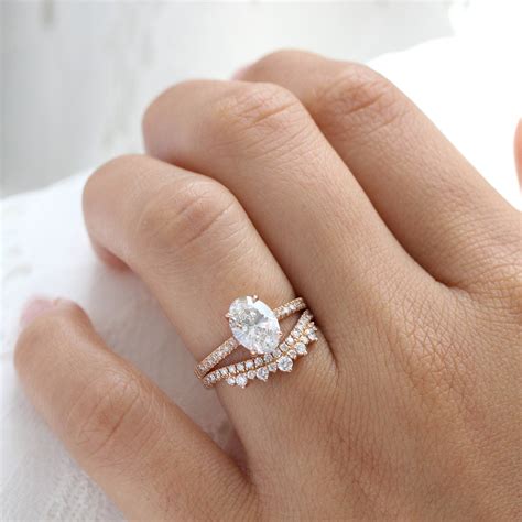2Ct Oval Lab Diamond Ring Stack Rose Gold Solitaire Ring Bridal Set