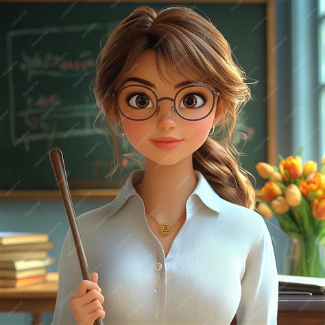A 3D Pixar style graphic of a teacher standing in the classroom