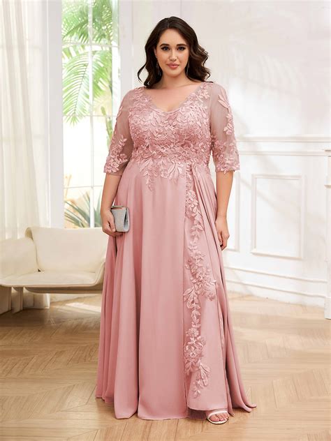 Elora Delicate V-Neck Appliques Long Plus Size Mother of the Bride Dre