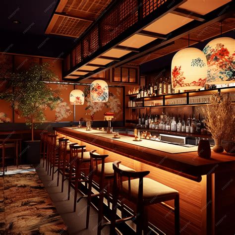 Premium AI Image | A bar with a japanese style lamp hanging over the bar.